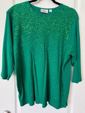 Quacker Factory Green Sequin Top 3/4 Sleeve Ribbed Shirt 2X Holiday